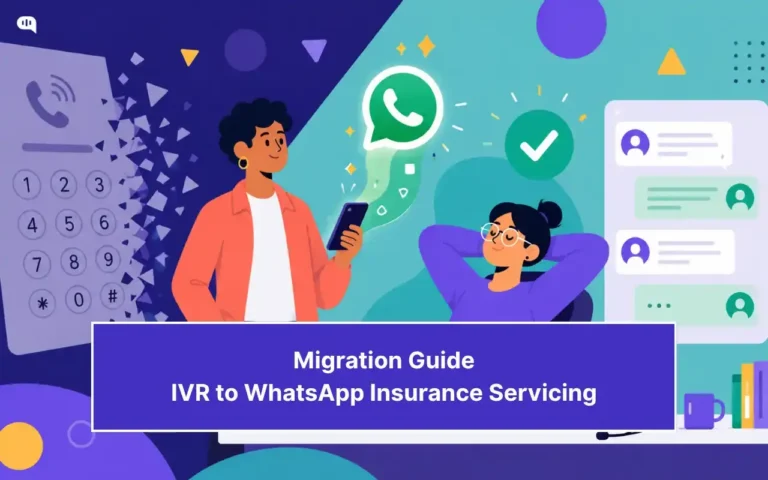 Illustrated featured image titled Migration Guide: IVR to WhatsApp Insurance Servicing, showing an old phone keypad dissolving into WhatsApp chat bubbles as one person messages on a phone and another relaxes, signaling the shift from IVR to WhatsApp support.