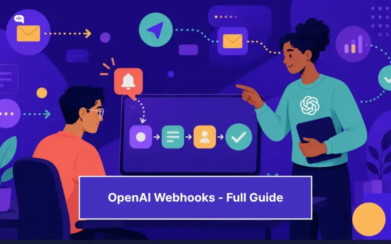 Illustration of two people reviewing an OpenAI webhook workflow with email, notification, user update, and confirmation steps shown on a dashboard.