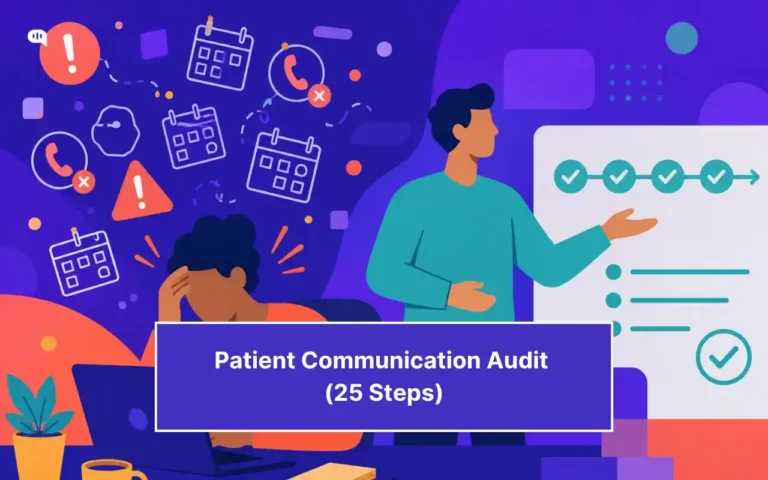 Illustrated featured image titled Patient Communication Audit (25 Steps), showing a frustrated patient surrounded by missed calls, alerts, and calendars on one side and a person presenting an organized checklist on the other.