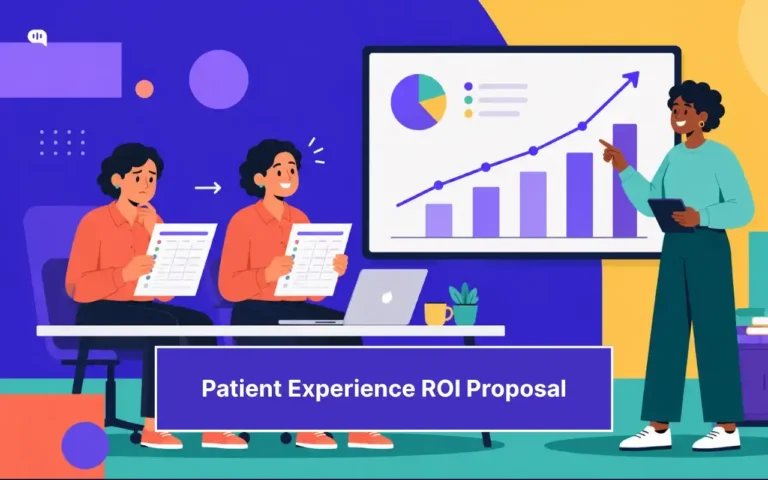Flat illustration of a budget presentation meeting. On the left, two people seated at a desk hold printed reports — one appears uncertain, the other engaged. On the right, a presenter standing with a tablet points to a large screen displaying a bar chart with an upward trending line and a pie chart, representing growing ROI data. A banner at the bottom reads "Patient Experience ROI Proposal."