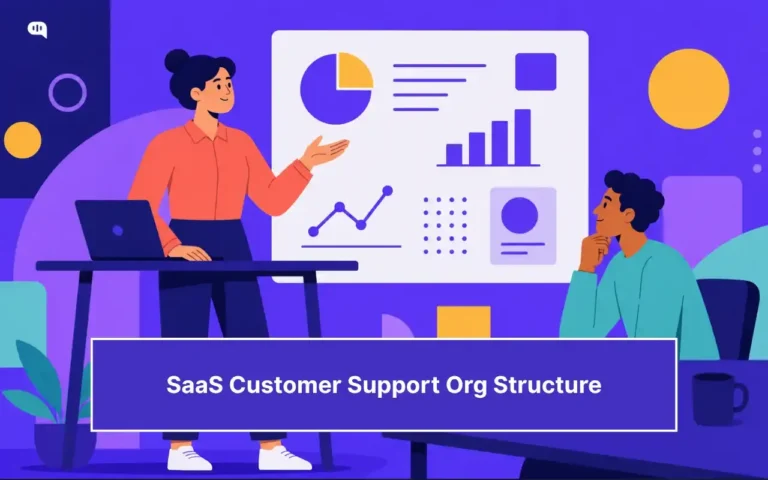 Featured illustration for a guide on SaaS customer support structure, staffing, and scaling. A support leader presents a dashboard of charts and metrics to a colleague, who listens thoughtfully while reviewing the team and performance data.