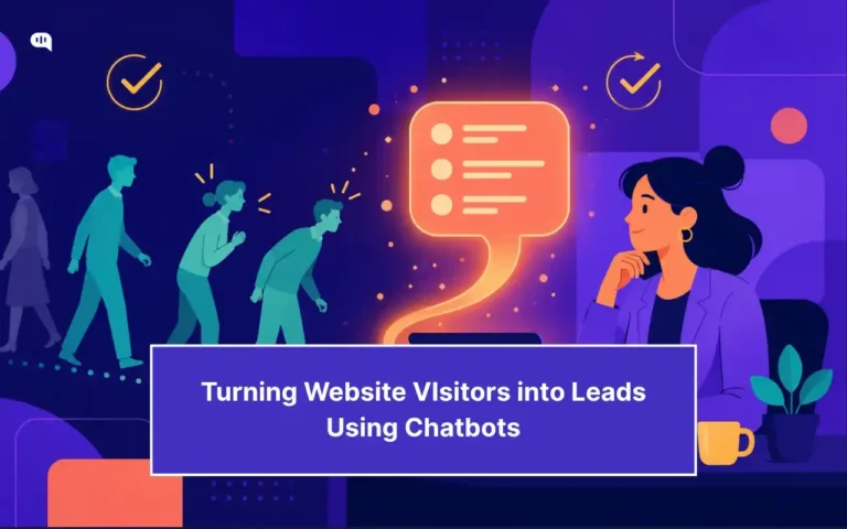 Featured illustration for an article on using an AI chatbot for lead generation. A line of website visitors moves toward a glowing chat window, where a professional engages with the conversation, representing visitors being turned into qualified leads.
