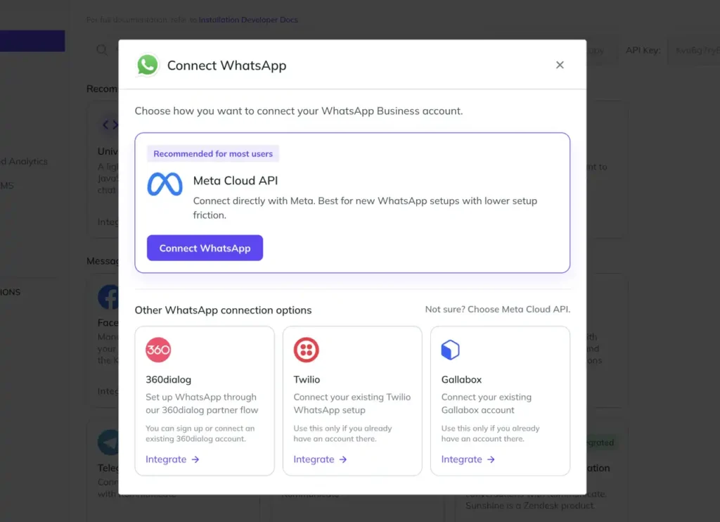 Kommunicate Connect WhatsApp modal showing Meta Cloud API as the recommended setup option, with 360dialog, Twilio, and Gallabox listed as alternative WhatsApp connection options.