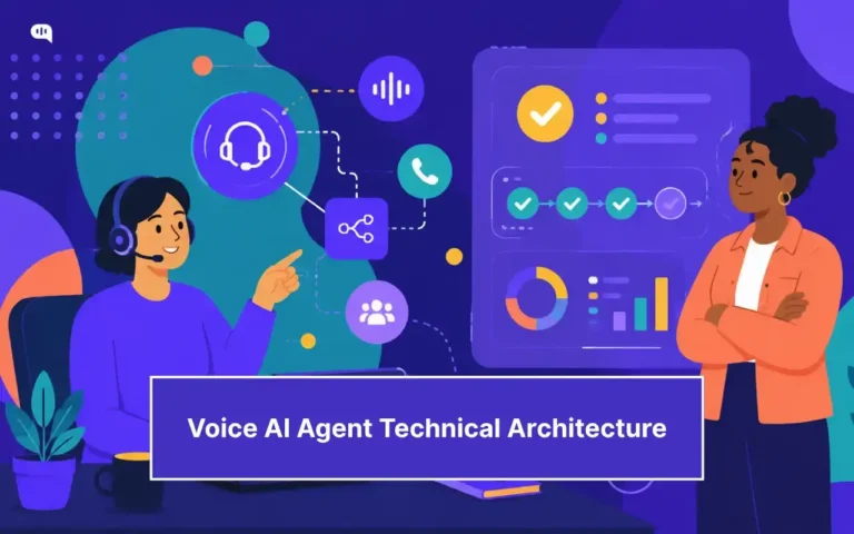 Featured illustration for a call center automation guide on voice AI agent architecture. A headset agent and a manager review a dashboard showing call routing, a step by step resolution flow, and QA analytics, surrounded by icons for voice, telephony, routing, and human handoff.