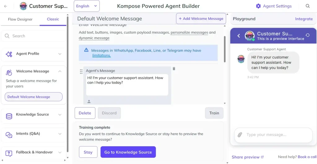 Configure the Welcome Message Screenshot of the Kompose Agent Builder welcome message setup, with a greeting entered in the Agent's Message field and the same message shown in the live chat preview on the right.