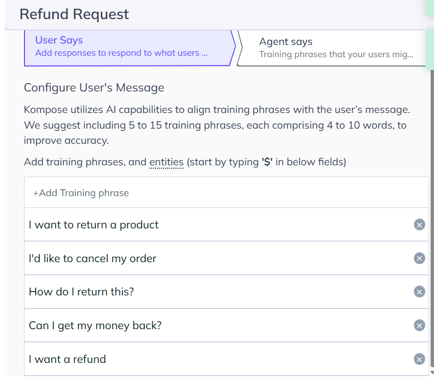 Create the Refund Request Intent Screenshot of the Kompose Refund Request intent under User Says, showing training phrases such as "I want a refund" and "I'd like to cancel my order" added to configure the refund intent.