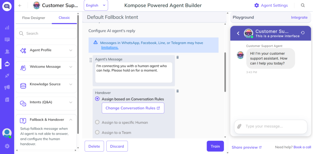 Set Up Human Handoff in Kompose Screenshot of the Kompose Fallback and Handover setup, showing a handoff message to the customer and the Handover option set to assign based on conversation rules, with a live chat preview on the right.