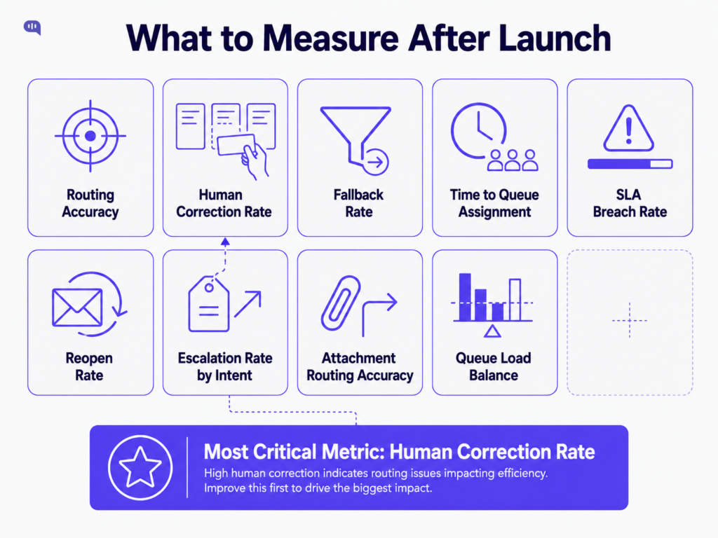 Infographic showing key metrics to measure after launching AI email routing, including routing accuracy, human correction rate, fallback rate, time to queue assignment, SLA breach rate, reopen rate, escalation rate by intent, attachment routing accuracy, and queue load balance.