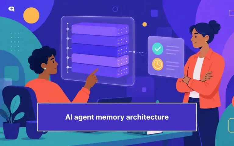 A flat illustration of two people reviewing a layered AI agent memory architecture displayed on a holographic screen, with status indicators showing a checkmark and a clock, representing structured memory layers and retention rules.