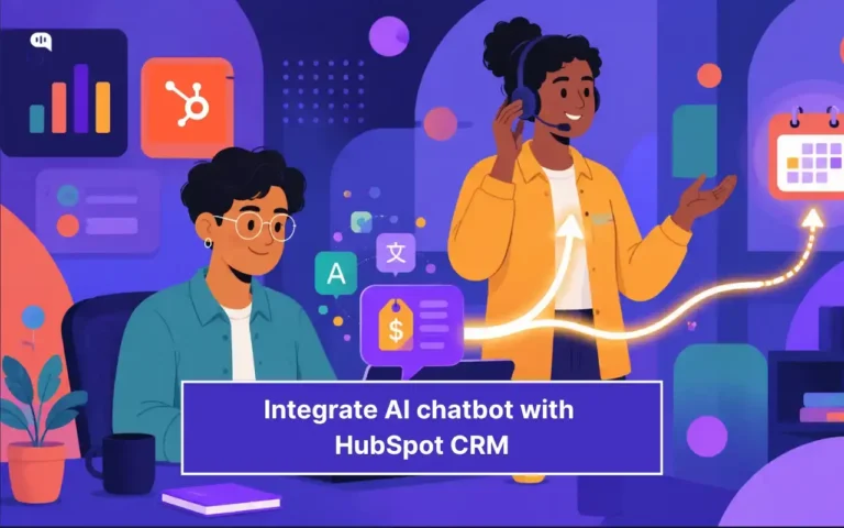 Colorful illustration showing an AI chatbot integrated with HubSpot CRM for a multilingual sales workflow. One professional works at a laptop while another wears a headset and handles the sales conversation. Floating analytics, HubSpot, language, pricing, and calendar icons illustrate lead capture, CRM synchronization, language-based routing, sales handoff, and demo scheduling.