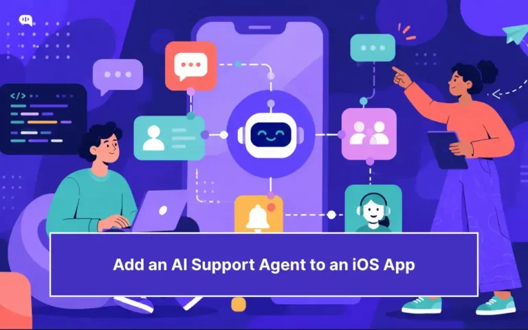 Illustration of an AI support agent integrated into an iOS app, showing a smartphone chatbot interface, developers, notifications, user profiles, and human support handoff.