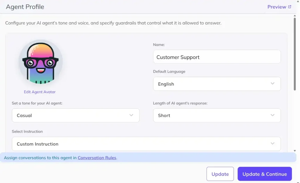 Kompose Agent Profile Setup Kompose Agent Profile screen setting the AI agent name, English language, casual tone, short response length, and custom instruction