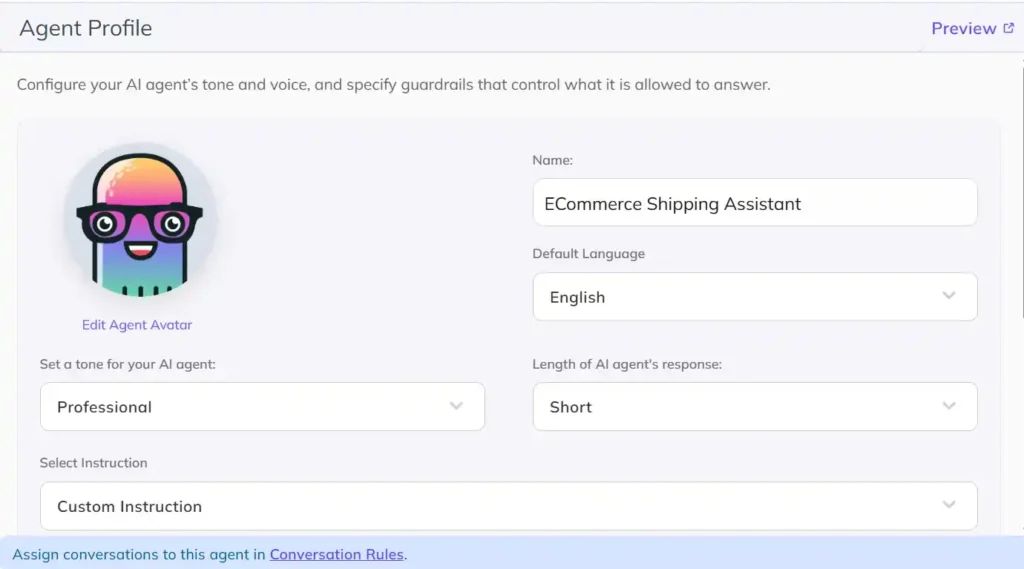 Configure the Ecommerce AI Agent Profile Kommunicate Agent Profile settings showing an Ecommerce Shipping Assistant configured in English with a professional tone, short responses, and custom instructions.