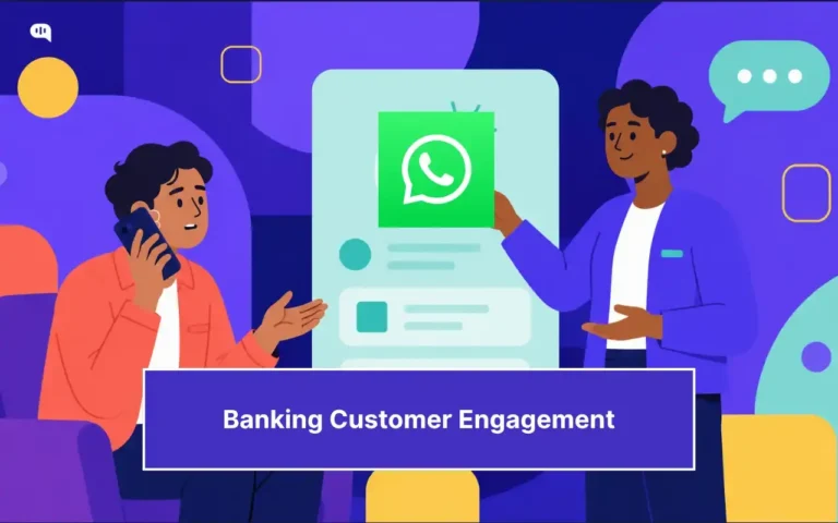 Illustration of banking professionals using WhatsApp to deliver conversational customer support and improve banking customer engagement.