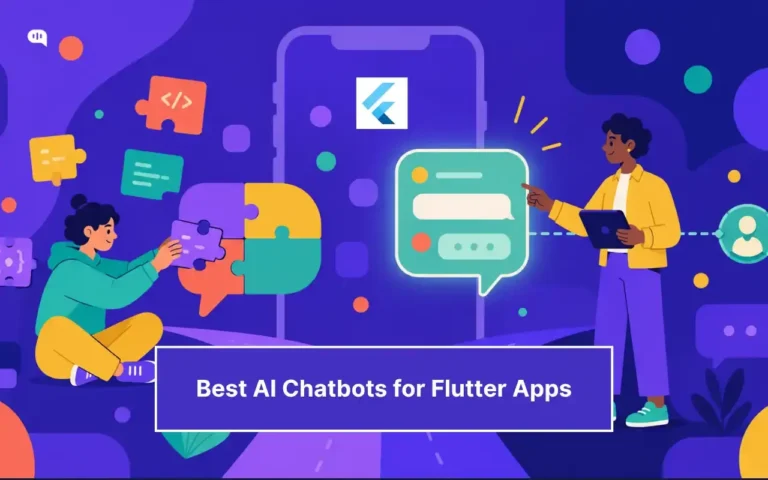 Illustration of developers assembling a Flutter chatbot with modular code components, a mobile app interface, and an AI chat window.