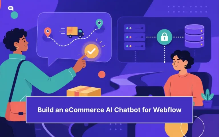 Illustration of a Webflow ecommerce chatbot connecting a customer’s delivery request with secure backend servers and order data.