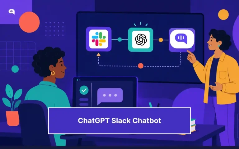 Illustration of Slack, OpenAI, and Kommunicate connected in a support workflow while two team members monitor chatbot conversations and incident updates.