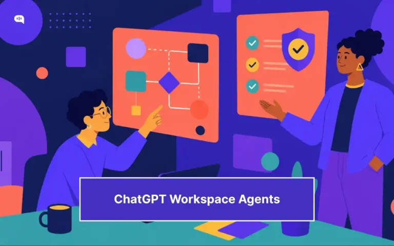 Illustration of two people reviewing an AI agent workflow diagram and a compliance checklist, representing how teams build and govern ChatGPT Workspace Agents.