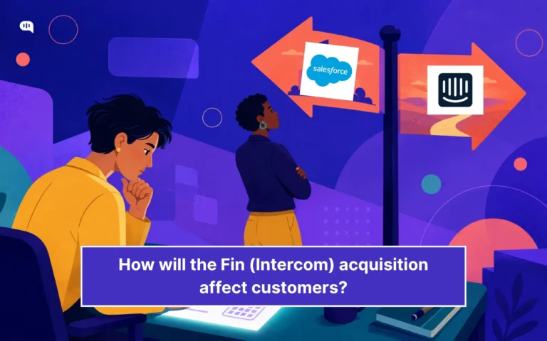 Illustration of two people at a crossroads signpost, one arrow pointing toward the Salesforce logo and the other toward the Intercom logo, with the caption "How will the Fin (Intercom) acquisition affect customers?"