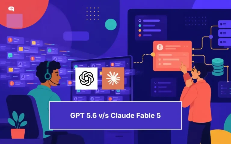 Illustration of a customer support agent working alongside an IT specialist reviewing an incident alert, with the OpenAI and Claude logos on screen, representing a comparison between GPT-5.6 and Claude Fable 5 for IT service management.