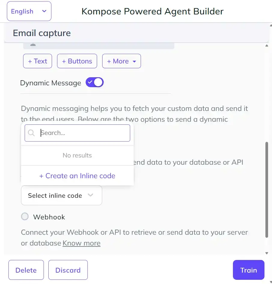Kompose create inline code Kompose Dynamic Message toggled on in the email capture intent with the Create an Inline code option selected to fetch HubSpot data