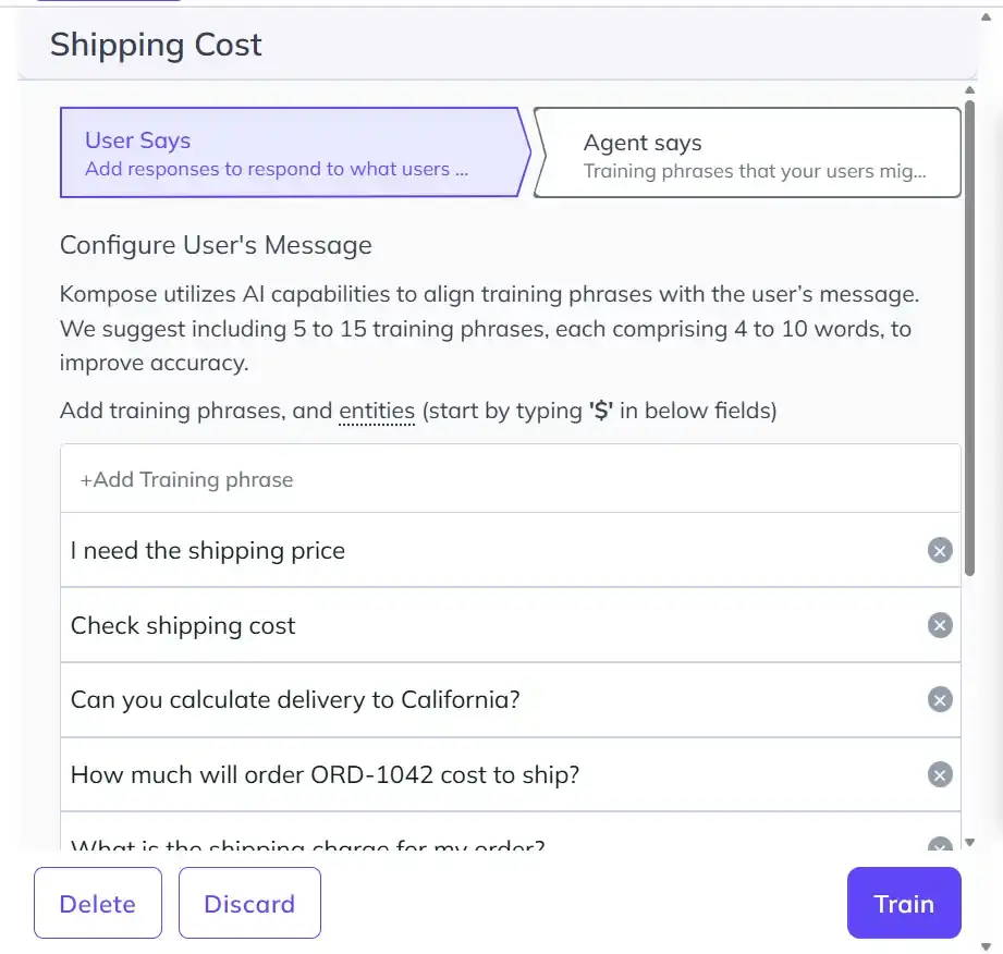 Create the Shipping Cost Intent Kommunicate Kompose intent editor showing training phrases for recognizing customer questions about shipping costs and delivery charges.