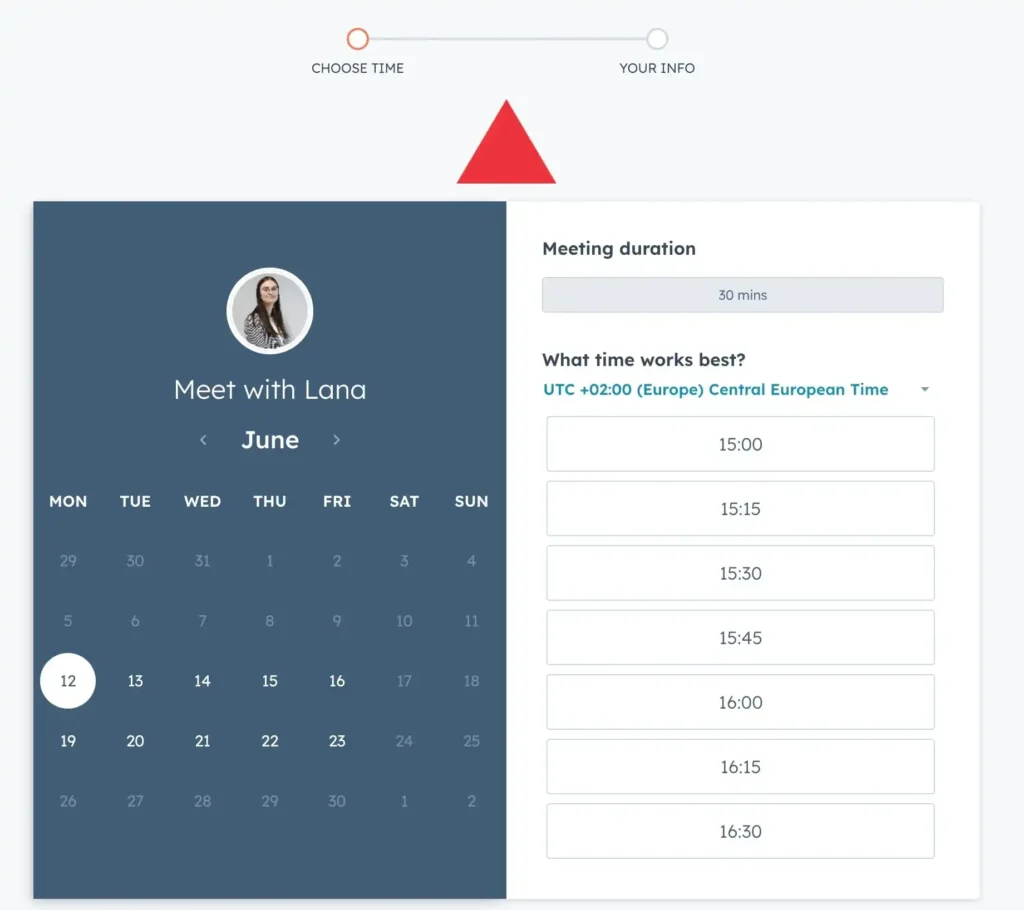 Meeting Booking Page HubSpot meeting scheduling page showing a 30-minute appointment with a salesperson, including a June calendar with a selected date, Central European Time settings, and available time slots ranging from 15:00 to 16:30, with a progress indicator for choosing a time before entering contact information.