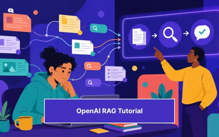 Illustration of two developers working with connected documents, search icons, and a verified answer flow, with the text “OpenAI RAG Tutorial” on the cover.
