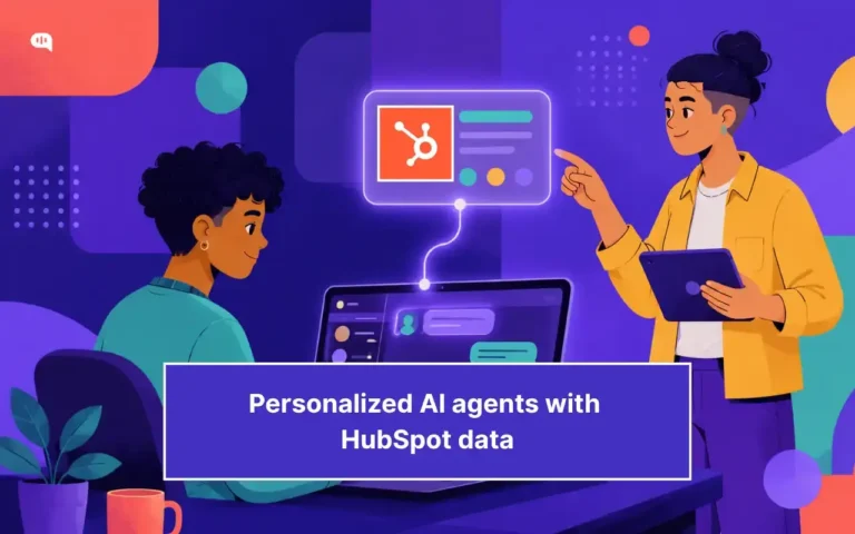 Illustration of two people building a personalized AI agent connected to HubSpot CRM data, titled "Personalized AI agents with HubSpot data"