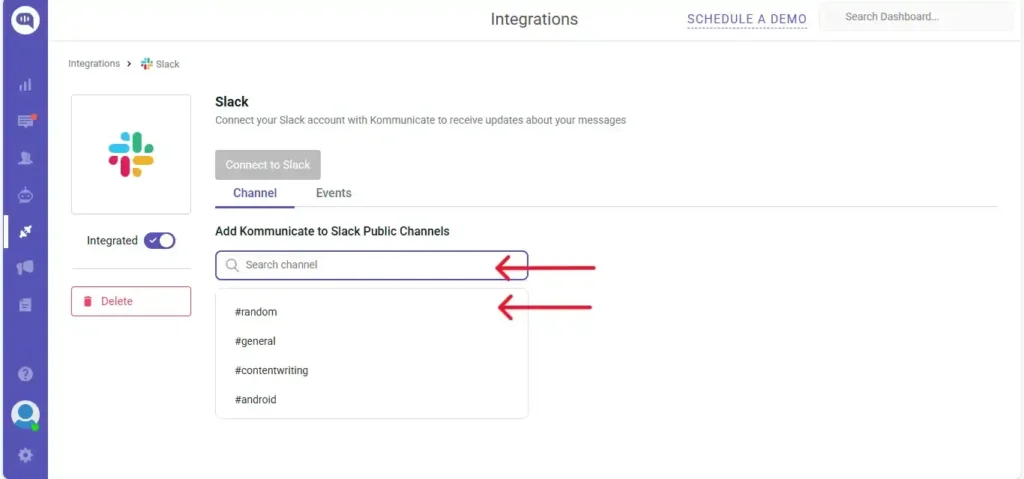 Add Kommunicate to a Slack Channel Kommunicate Slack integration settings showing the channel search field and a list of available public Slack channels to connect.