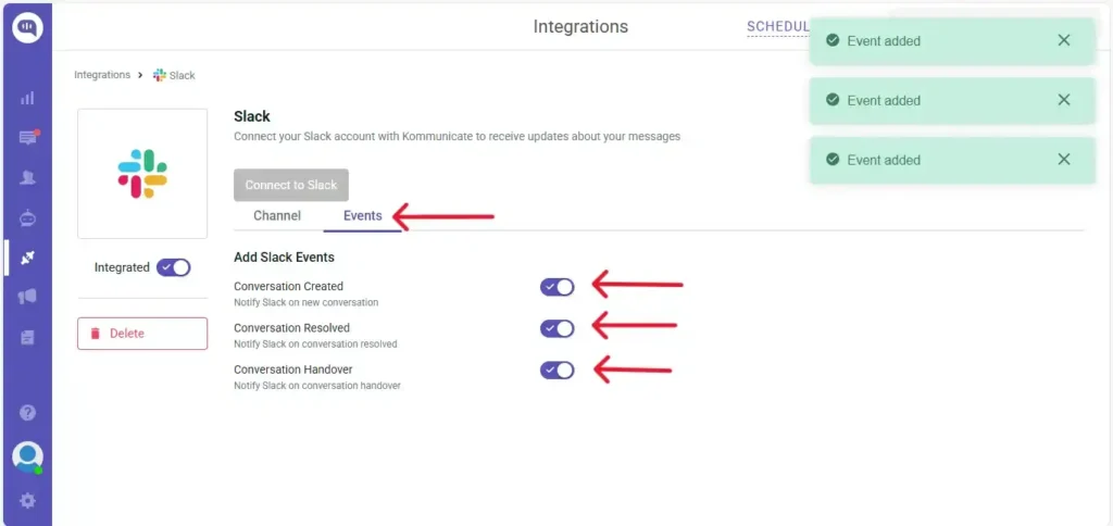 Enable Slack Conversation Events Kommunicate Slack integration settings showing the Events tab with notifications enabled for conversation creation, resolution, and handover.