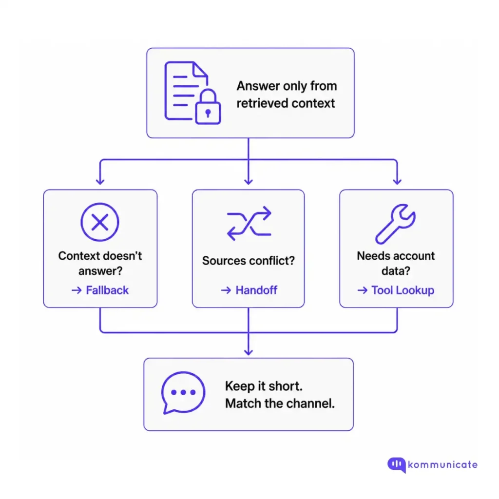 RAG Source Validation Flowchart showing RAG source validation rules, including answering only from retrieved context, falling back when context is missing, handing off when sources conflict, and using tool lookup for account data.