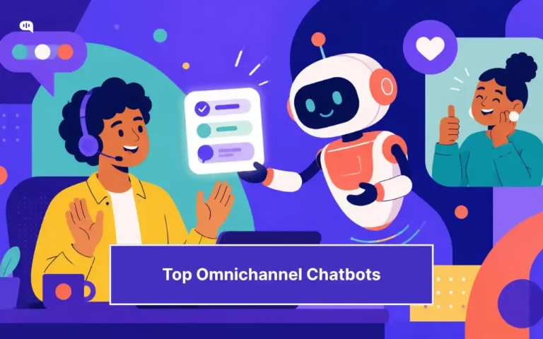 Illustration of an AI chatbot and human support agent working together to deliver omnichannel customer service.