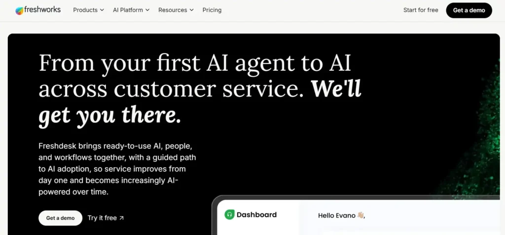 Freshdesk omnichannel AI chatbot platform combining AI agents, human support, and automated customer service workflows.