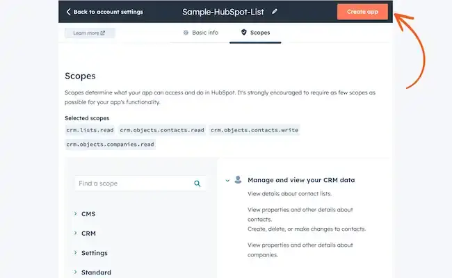 HubSpot App Scopes HubSpot private app configuration screen showing the Scopes tab with selected CRM permissions, including contact read and write access and company read access. The page also displays scope categories, a search field, CRM data permission details, and an arrow pointing to the “Create app” button.