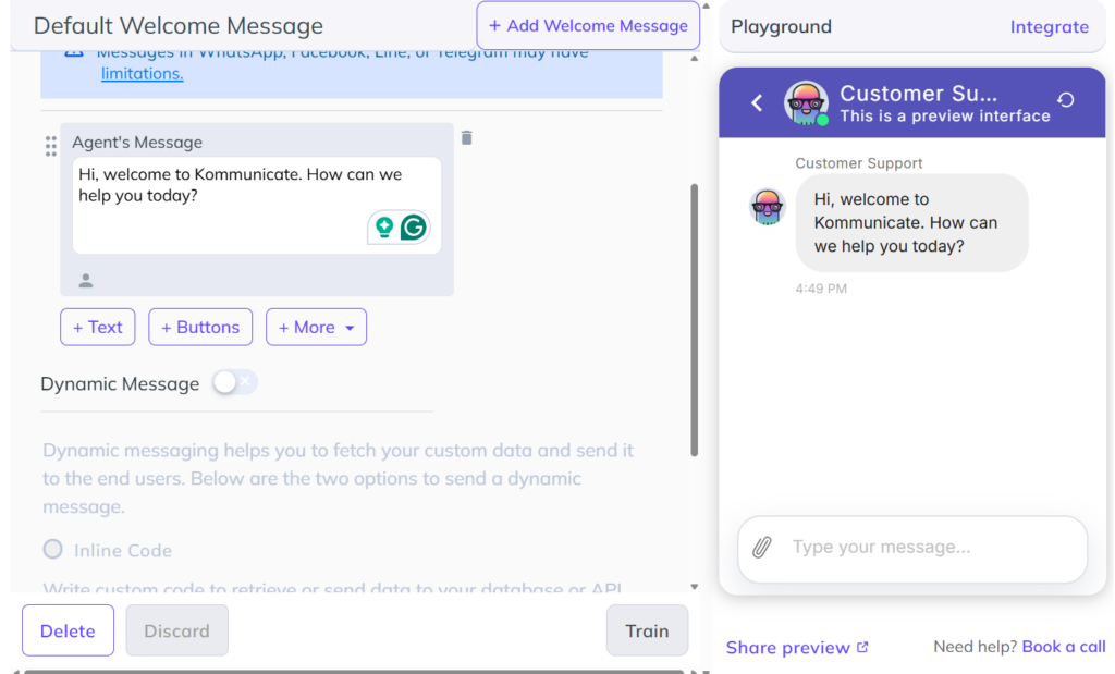 Kompose welcome message setup Kompose welcome message editor with the greeting "Hi, welcome to Kommunicate. How can we help you today?" shown live in the chat preview panel