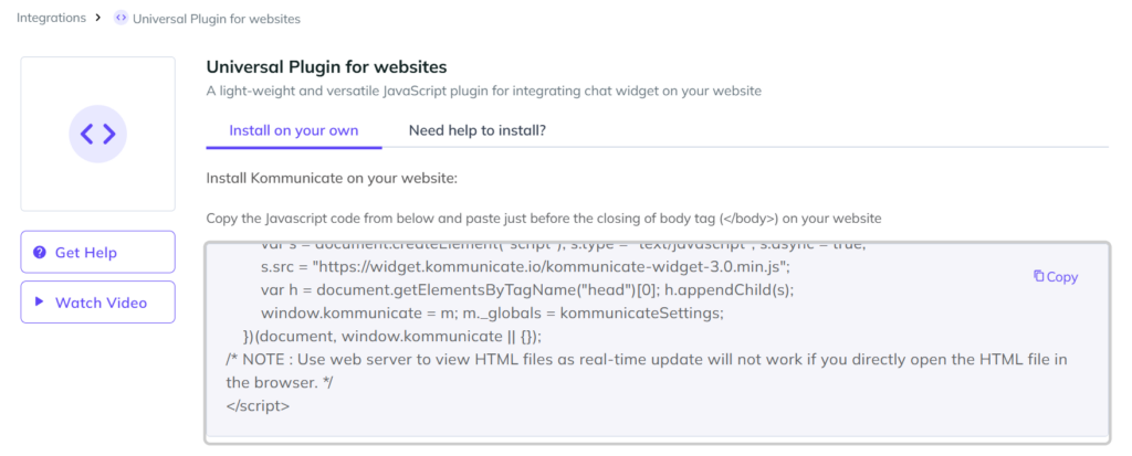 Kommunicate Universal Plugin dashboard showing the JavaScript installation code and Copy button for adding the chat widget to a website.