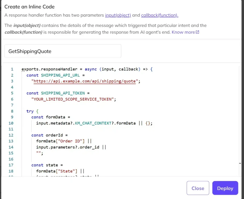 Create the Shipping Quote Inline Code Kommunicate inline code editor showing the GetShippingQuote function configured to call a shipping API with order and destination data.