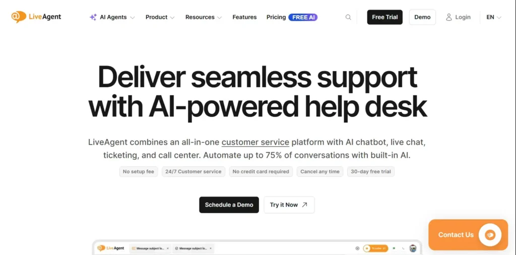 LiveAgent Omnichannel AI Chatbot LiveAgent omnichannel AI chatbot platform combining live chat, ticketing, and call center support in one help desk.