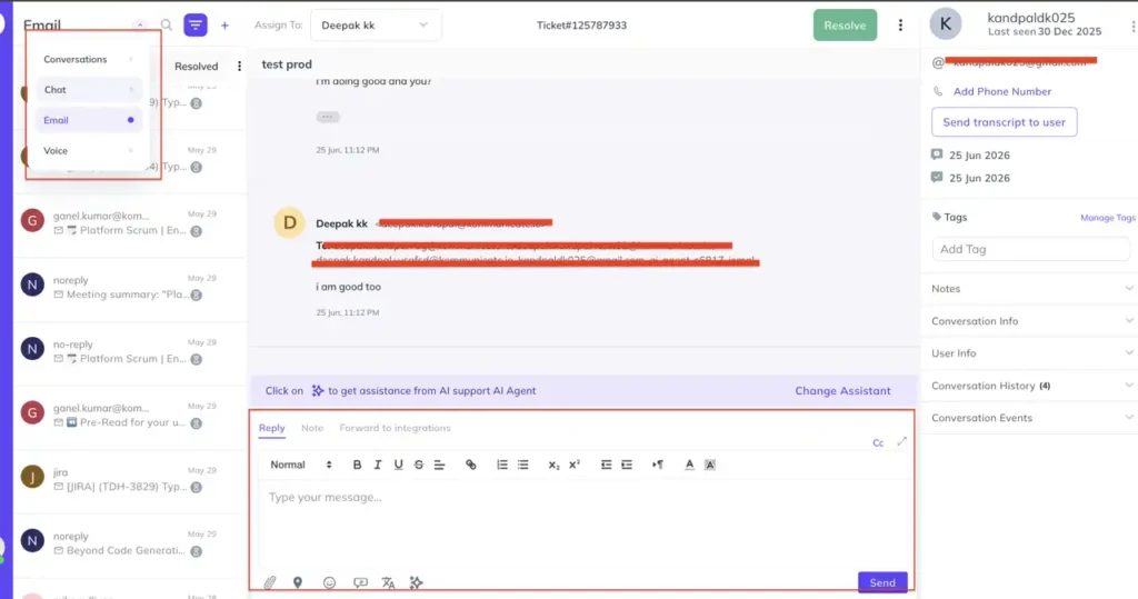 Kommunicate inbox interface showing email conversation filters and a highlighted WYSIWYG reply editor for responding to customer messages.