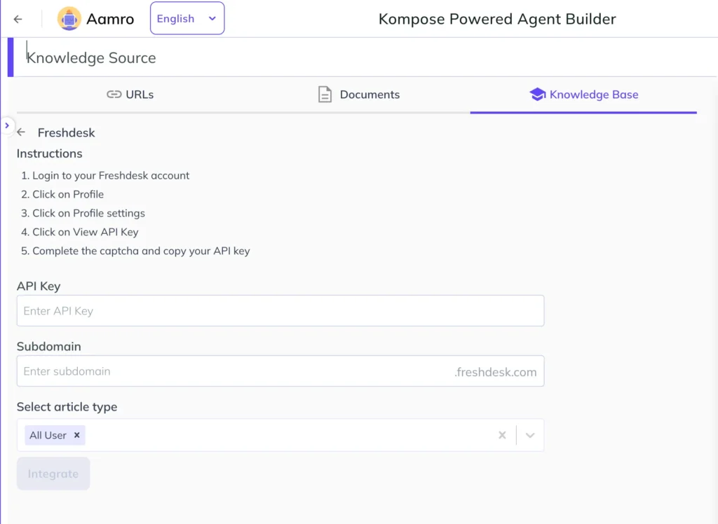 Connect Freshdesk with your API key Freshdesk setup screen in Kommunicate with fields for API key, subdomain, and article type, plus steps for finding your Freshdesk API key.