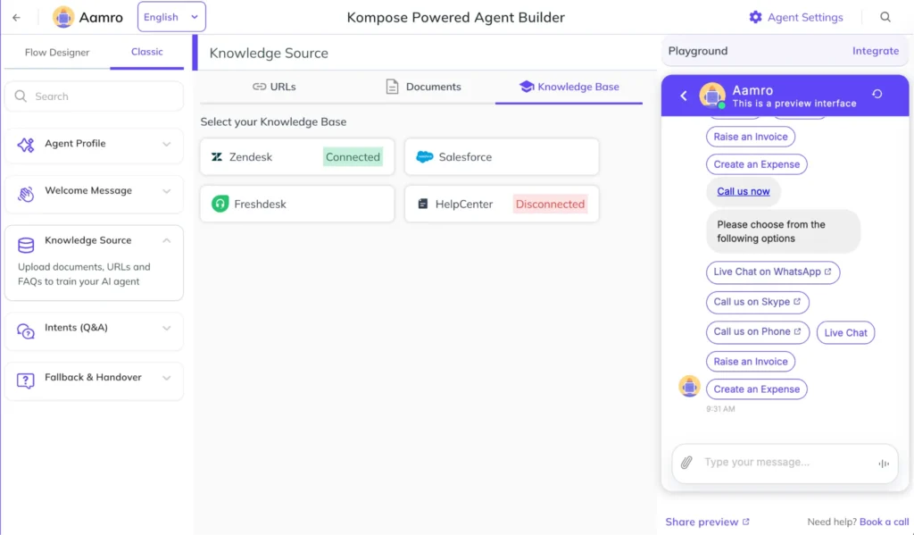 Select Freshdesk as a knowledge base Kommunicate agent builder Knowledge Source tab showing Zendesk, Salesforce, Freshdesk, and HelpCenter as selectable knowledge bases.