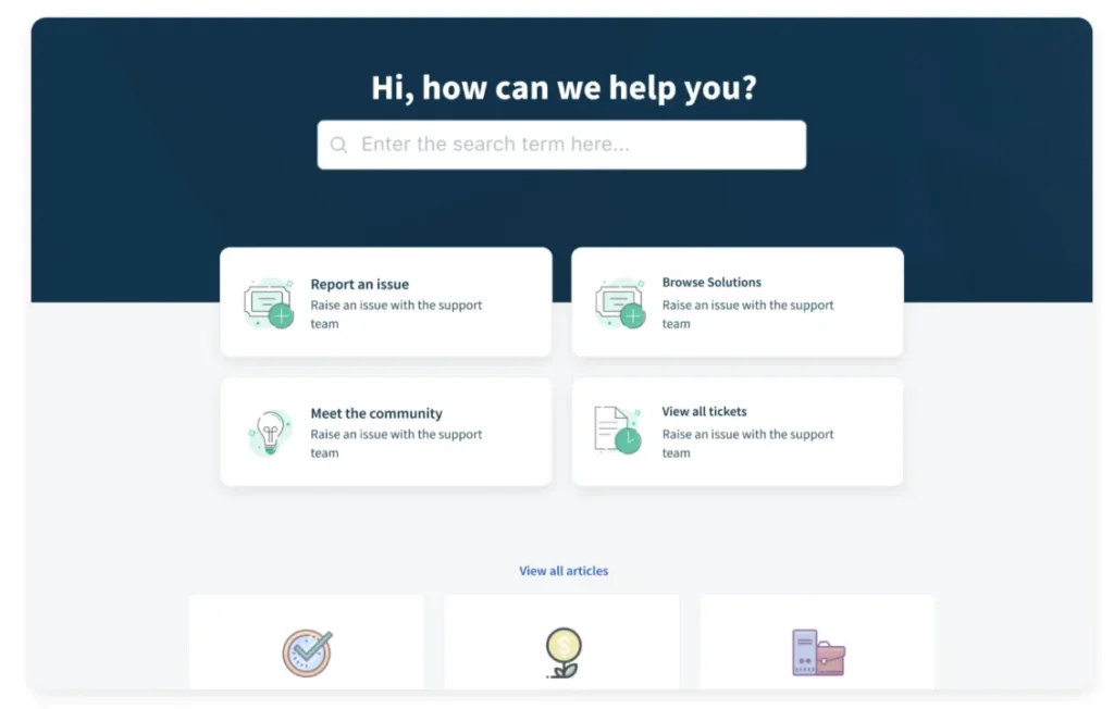 Freshdesk Knowledge Base Freshdesk help center with a search bar and cards for reporting an issue, browsing solutions, meeting the community, and viewing tickets.