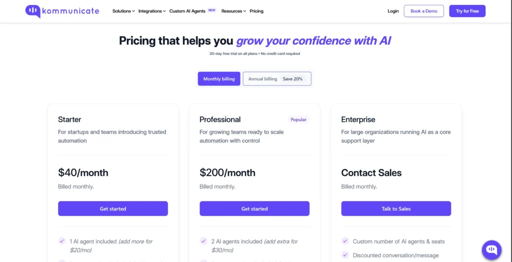 Kommunicate Pricing Kommunicate pricing page comparing Starter, Professional, and Enterprise plans for AI customer support automation.