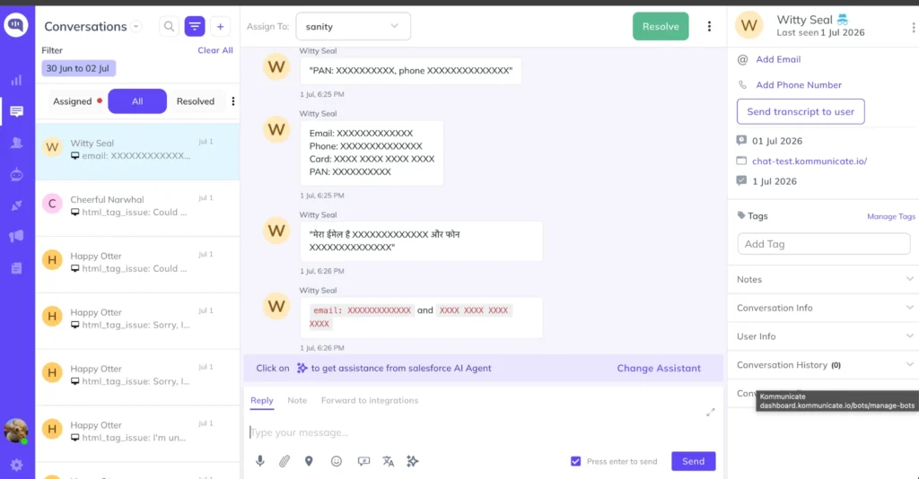 Data masking in conversations Kommunicate conversation inbox with data masking applied, hiding email, phone, card, and PAN details behind rows of X characters.