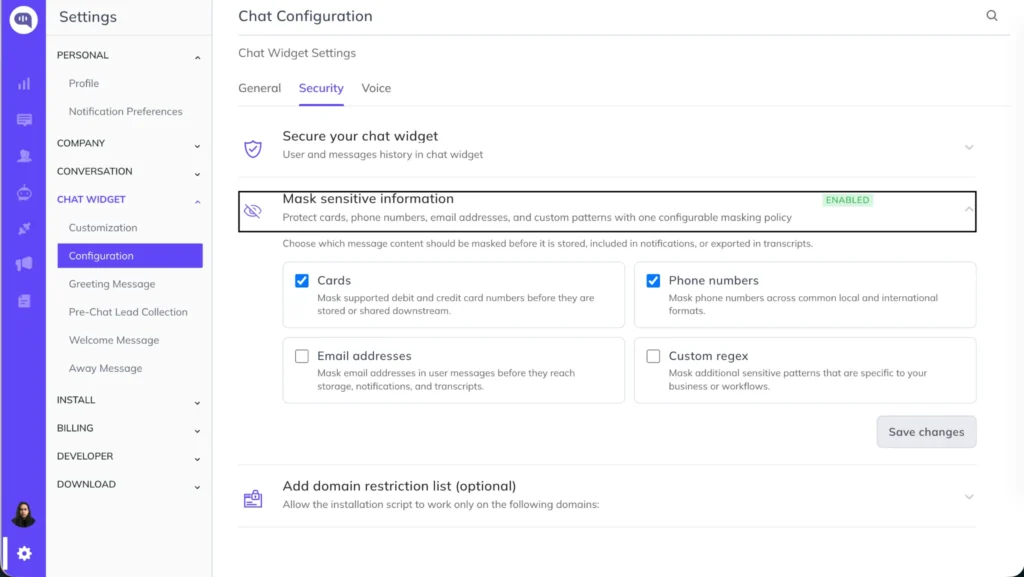 Enable data masking in settings Kommunicate chat widget security settings with the mask sensitive information panel open, showing toggles for cards, phone numbers, email addresses, and custom regex.