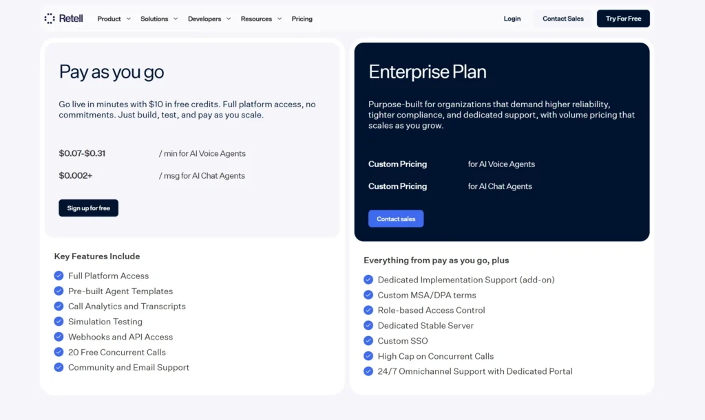 Retell AI Pricing Retell AI pricing page comparing pay-as-you-go and enterprise plans for AI voice and chat agents with platform and support features.