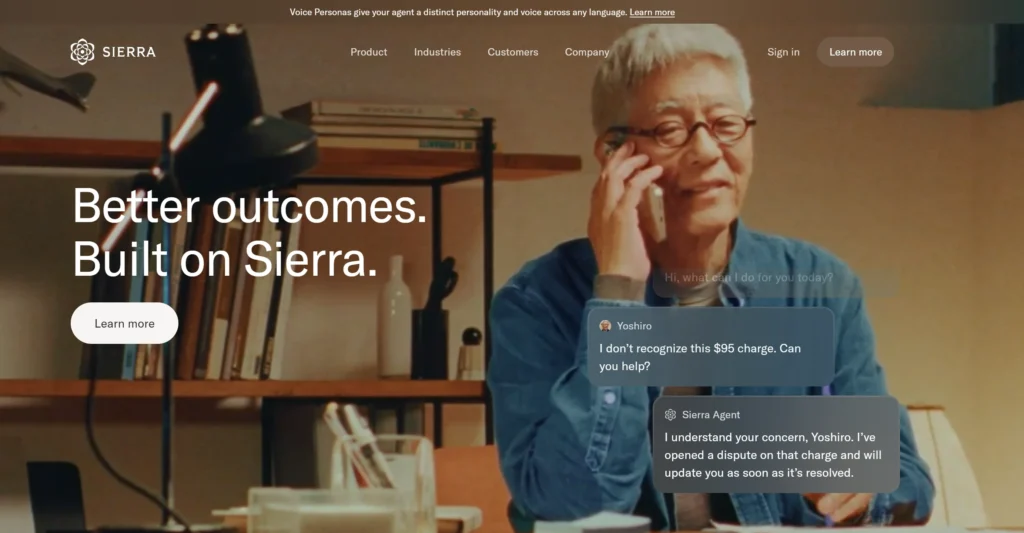 Sierra AI Agent Sierra AI website showing an AI customer service agent assisting a customer during a phone-based support interaction.