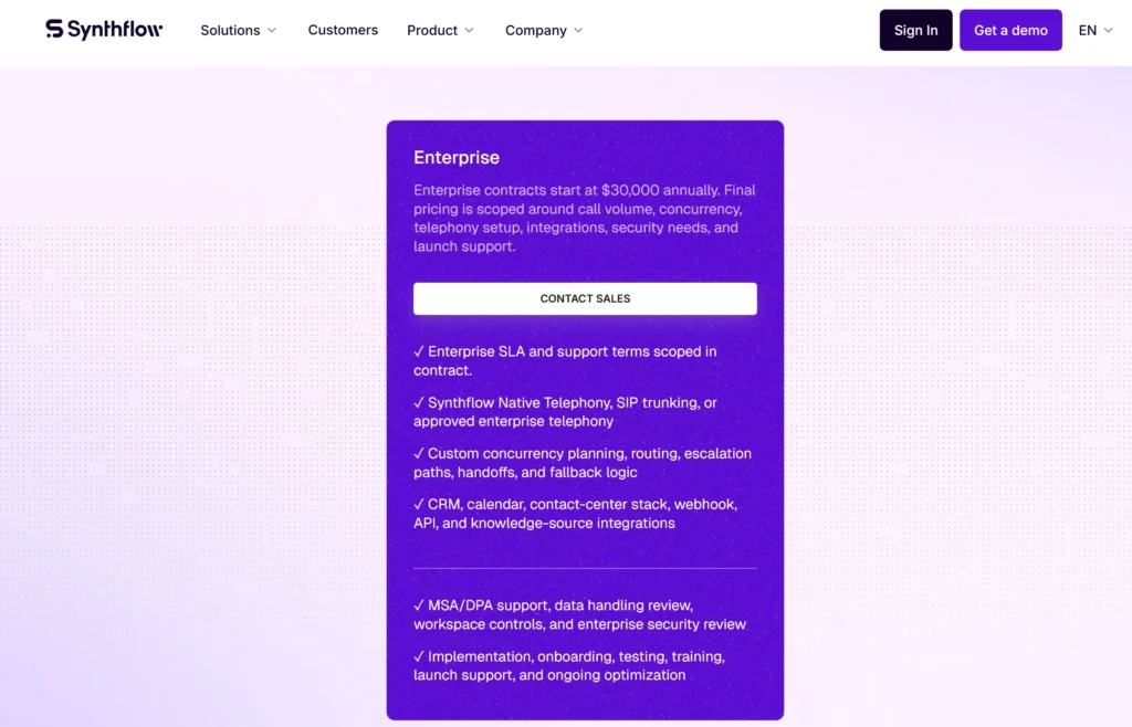 Snthflow Pricing Synthflow AI enterprise pricing plan showing annual contracts, telephony options, integrations, security, onboarding, and support features.