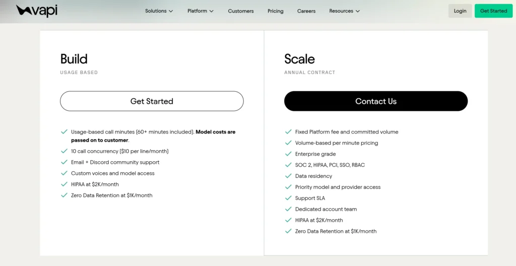 Vapi Pricing Vapi pricing page comparing usage-based Build and annual Scale plans for AI voice agents, including concurrency and enterprise features.